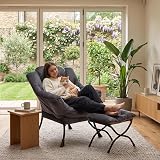 HollyHOME Armchair with Footstool Velvet Lounge Chair Dark Grey Steel Frame view 2