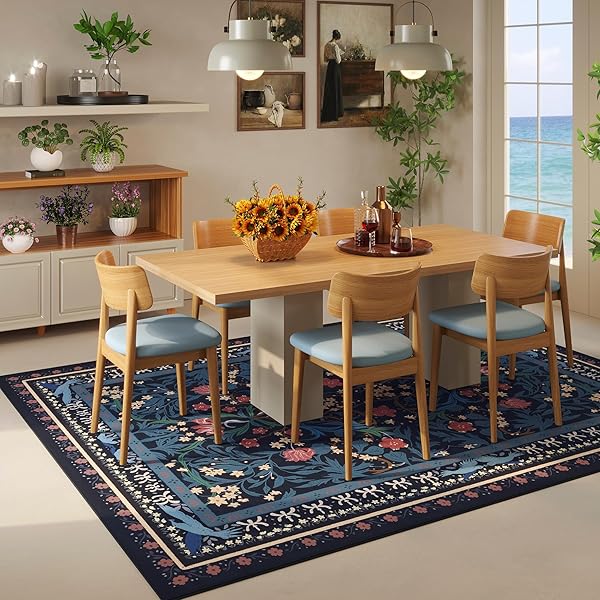 VOWKTEN AREA RUGS 8X10 FOR LIVING ROOM CLEARANCE WASHABLE VINTAGE FLORAL BOTANICAL RUG NON SLIP LOW PILE LARGE RUG FOR BEDROOM, FARMHOUSE, DINING ROOM, KIDS PLAYROOM, BLUE