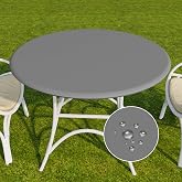 Romanstile Round Fitted Vinyl Tablecloth with Elastic Edge 100% Waterproof | Table Covers for 36"- 44" Tables, Wipeable Plastic Table Cloths for Dinner, Picnic, Camping, Outdoor, Grey