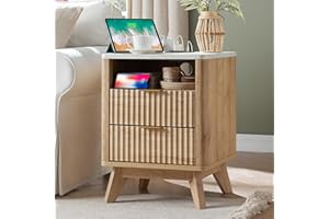 T4TREAM Fluted Nightstand with Charging Station, 18" Modern Side Table with Faux Marble Top, 2 Drawers End Table w/Storage, Bedside Table for Bedroom, Living Room, Curved Profile Design, Natural Oak