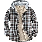 Derbars Women's Sherpa Lined Flannel Shirt Jacket Cotton Plaid Fleece Button Down Jackets with Hood for Women