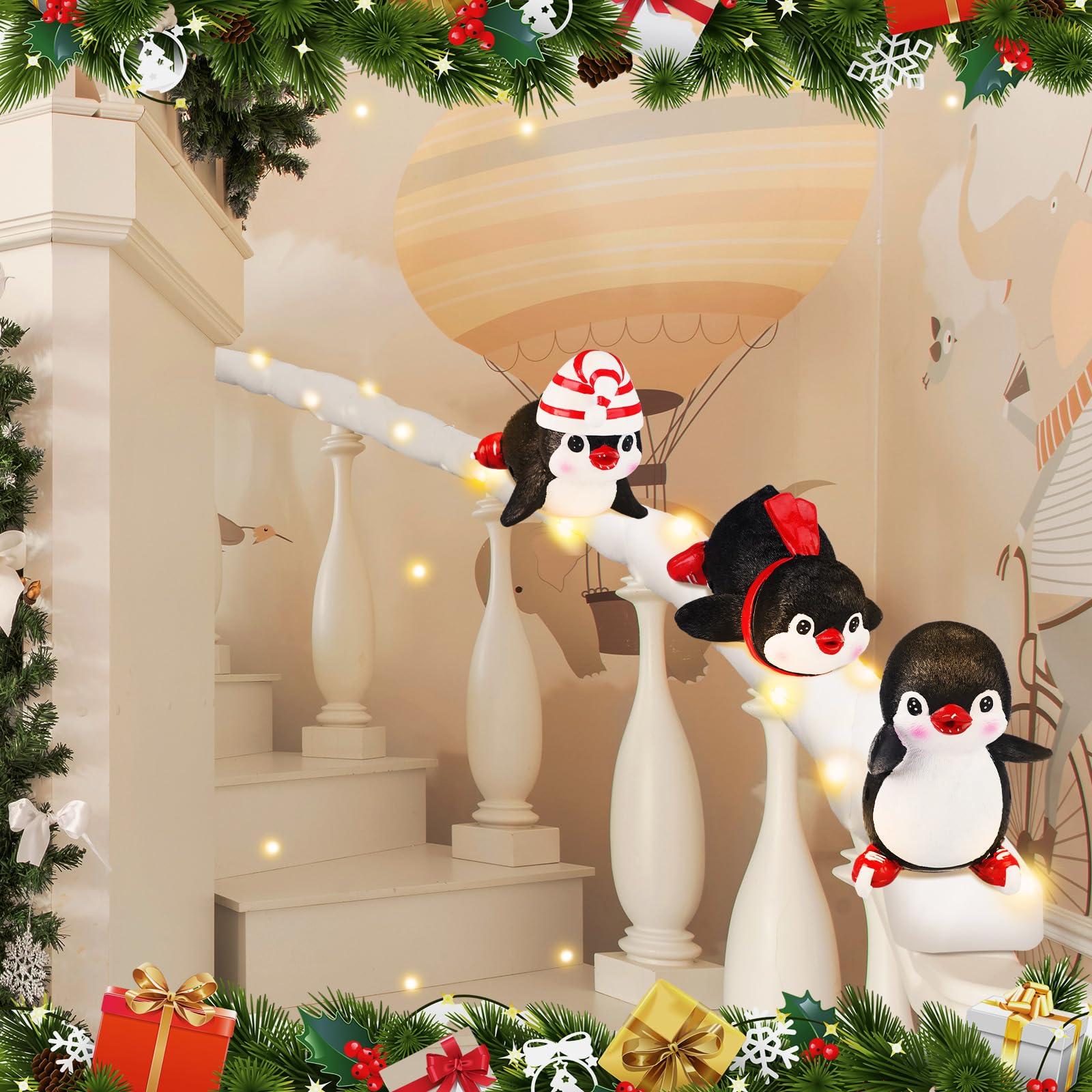View 1 of ***3 IN CHRISTMAS PCS THE BOX****Liliful Set of 3 Christmas Stairway Decoration Resin Holiday Decor Sliding Winter in Snow Carpet with LED Lights and 20 Ribbons for Handrail Decoration Banister Stairway Gift(Penguin)