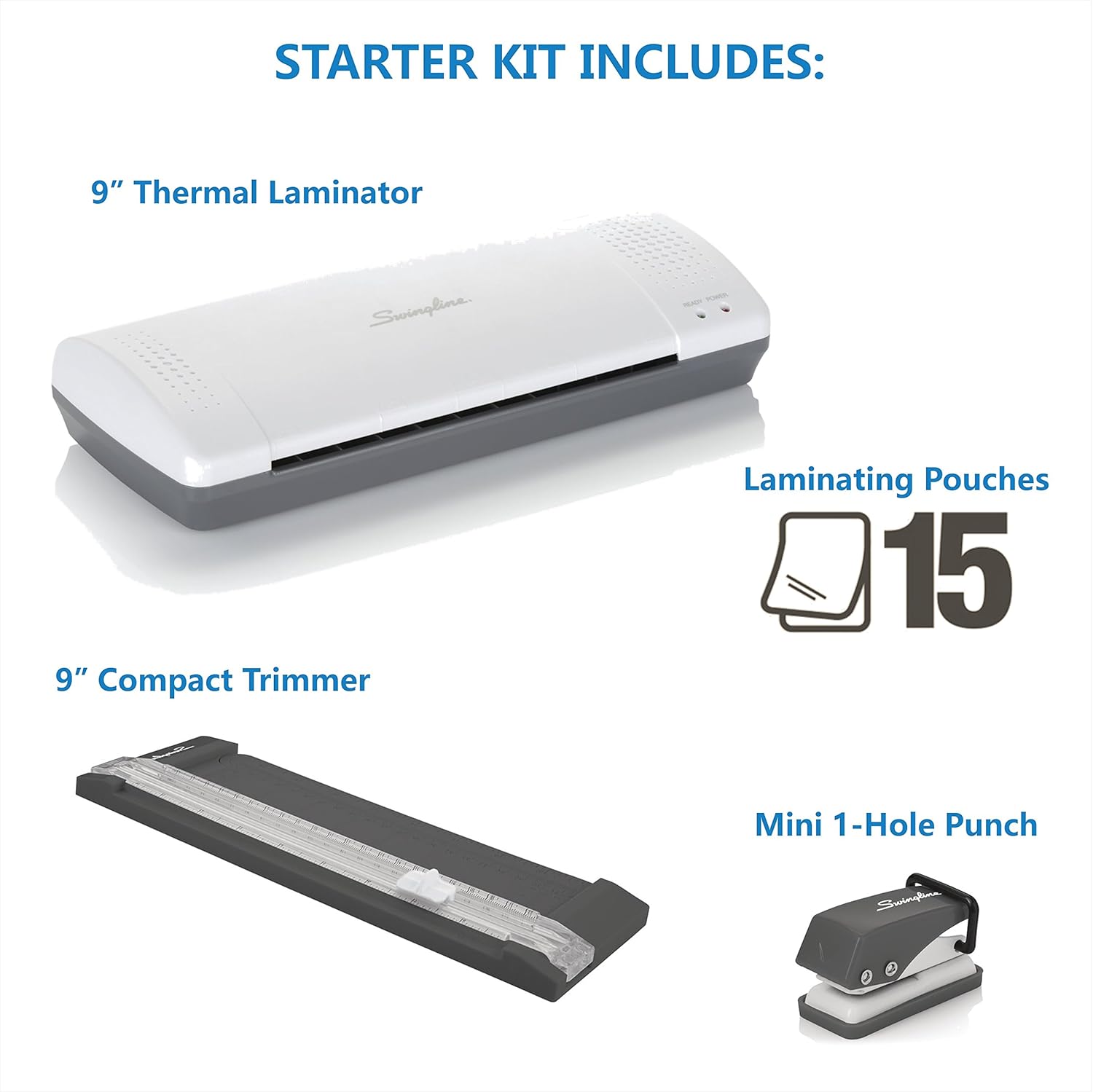 Swingline Lamination Starter Kit, Inspire Laminator, Pouches, Trimmer, Mini Hole Punch Included (1701869ECR), Gray : Office Products