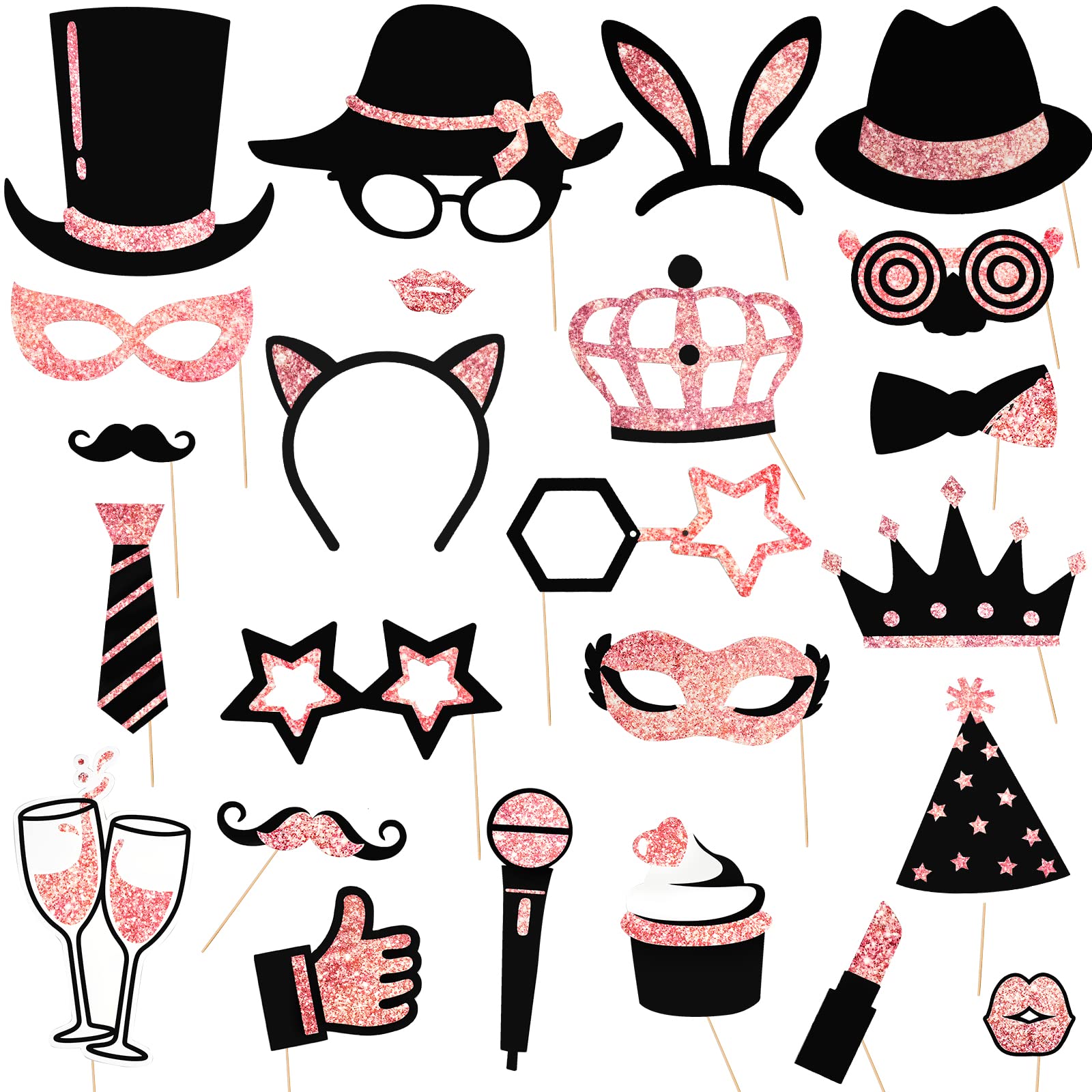 Luyoah 24 Pcs Party Photo Booth Props Rose Gold Photo Props Birthday Selfie Props with Wooden Stick Funny 40th Birthday Photo Booth Props for Weddings Graduation New Years Party (WF-PDDJ)