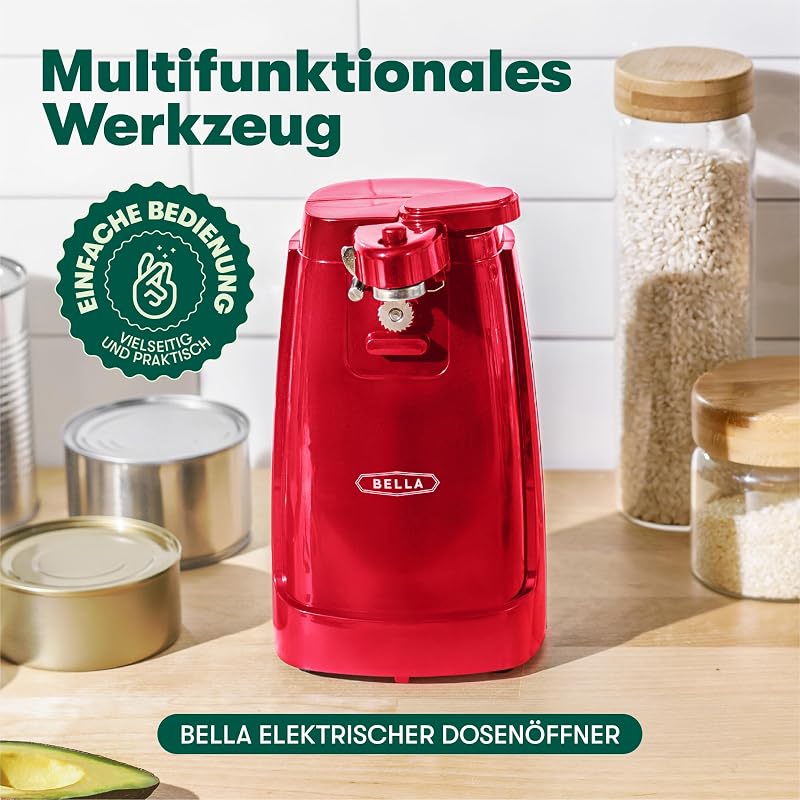 Abrelatas Eléctrico y Afilador de Cuchillos, Abridor de Tarros y Botellas Multifuncional con Palanca de Corte Extraíble y Almacenamiento de Cables, Hoja de Acero Inoxidable, Rojo