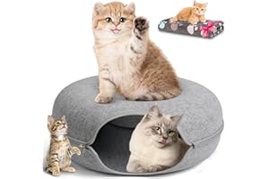 HOMAGICO Large 24 inch,Cat Tunnel Bed, Peekaboo Cat Cave with Pet Blanket,Detachable Donut Tunnel Bed for Indoor Cats,Exercise Scratching & Hideway Cat Nest,Cat Up to 22 lbs(Light Grey)