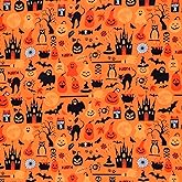 Halloween Fabric 1 Yard Ghost Pumpkin Cats Pattern Halloween Orange Printed Fabric for Sewing Quilting Apparel Crafts Home Decor Supplies (1 Piece)