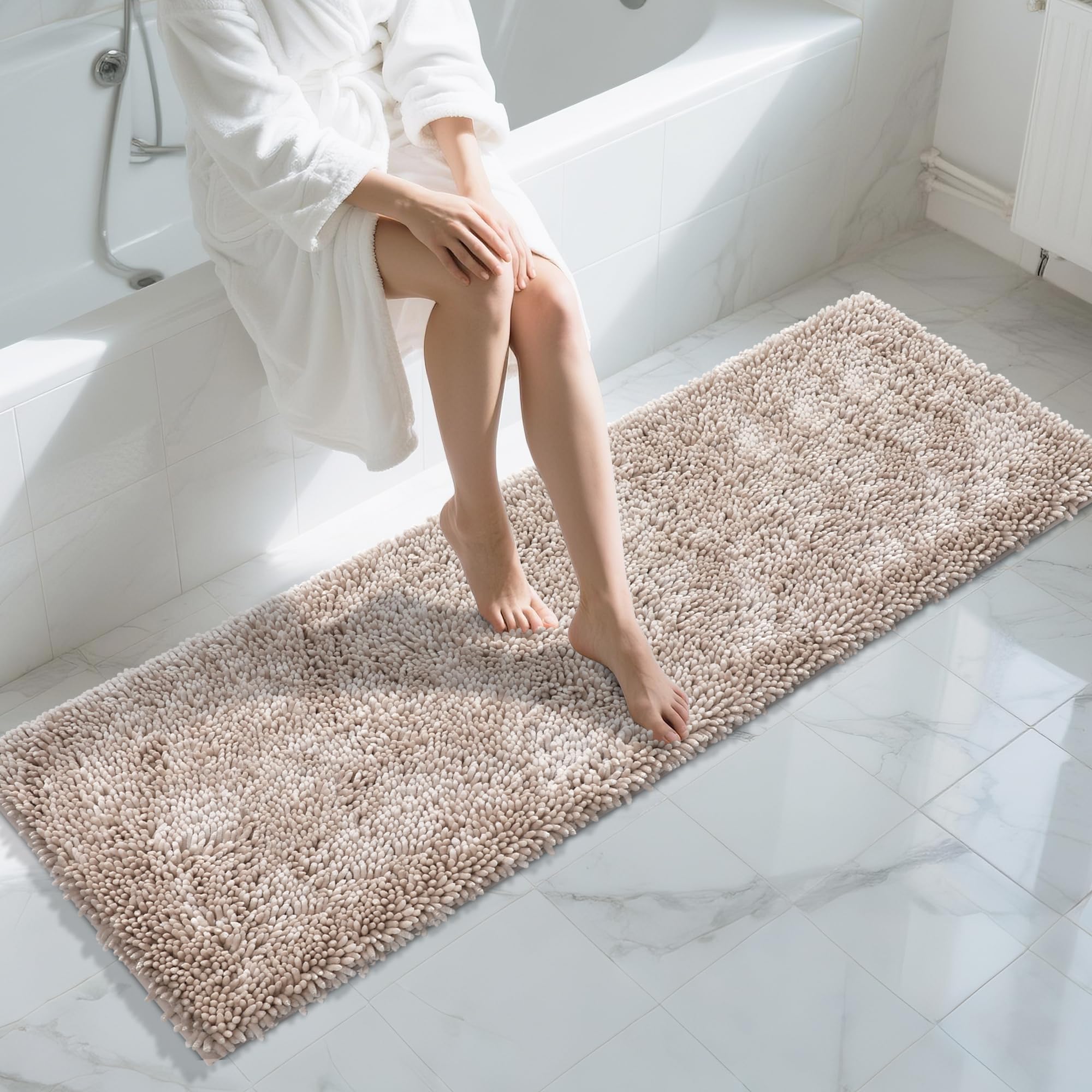Photo 1 of Yimobra Long Bathroom Rugs Runner 70x24 Inch, Extra Thick Soft Absorbent Chenille Bath Mat, Non Slip Machine Washable, Quick Dry Bath Rugs for Bathroom Floor, Tub and Shower, Khaki