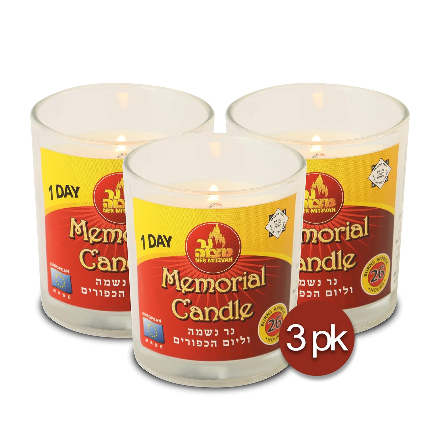 24 Hour Yahrzeit Memorial Candle in Glass White Paraffin Wax Candle