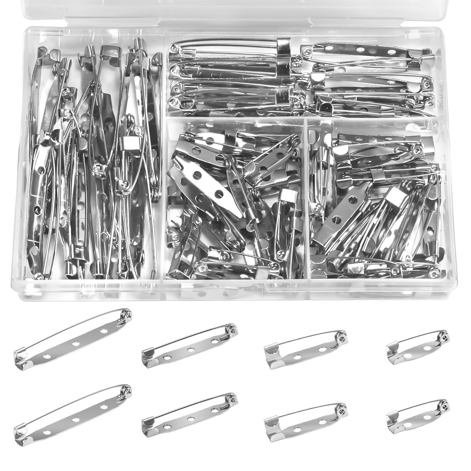 Photo 1 of 100pcs Brooch Pin Backst - 20mm/25mm/35mm/45mm Silver Bar Pins & Clasp Backings for Jewelry Making, Badges, Crafts, Name Tags and DIY Accessories