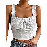 SHENHE Women's Spaghetti Strap Eyelet Embroidery Summer Sleeveless Crop Tank Cute Top