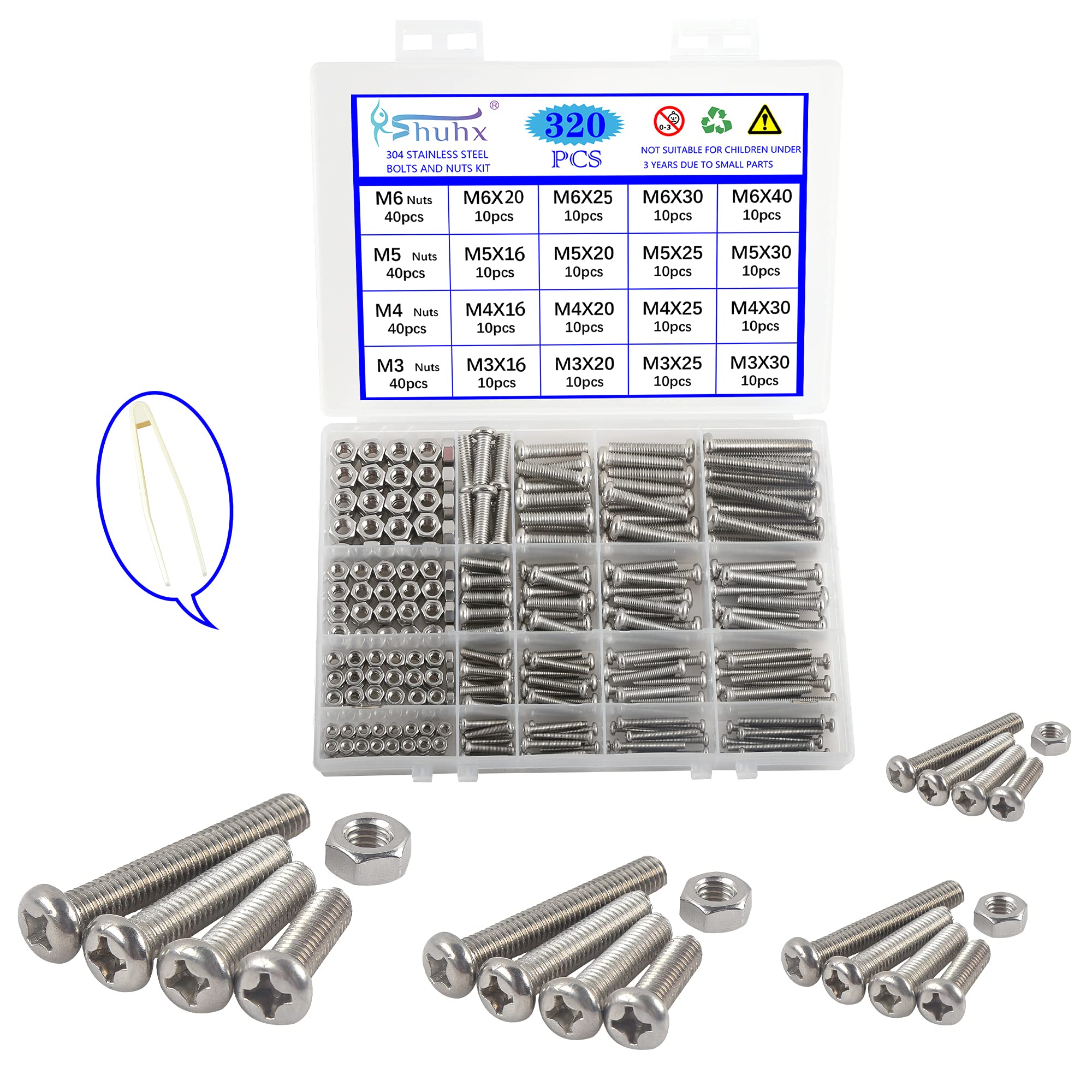 Rshuhx M3 M4 M5 M6 Bolts and Nuts Machine Screw and Nut 304 Stainless Steel Cross Pan Head Machine Round Head Screws Assortment Kit 320PCS for Machine Furniture Toy Electronic Products Repair Fastener