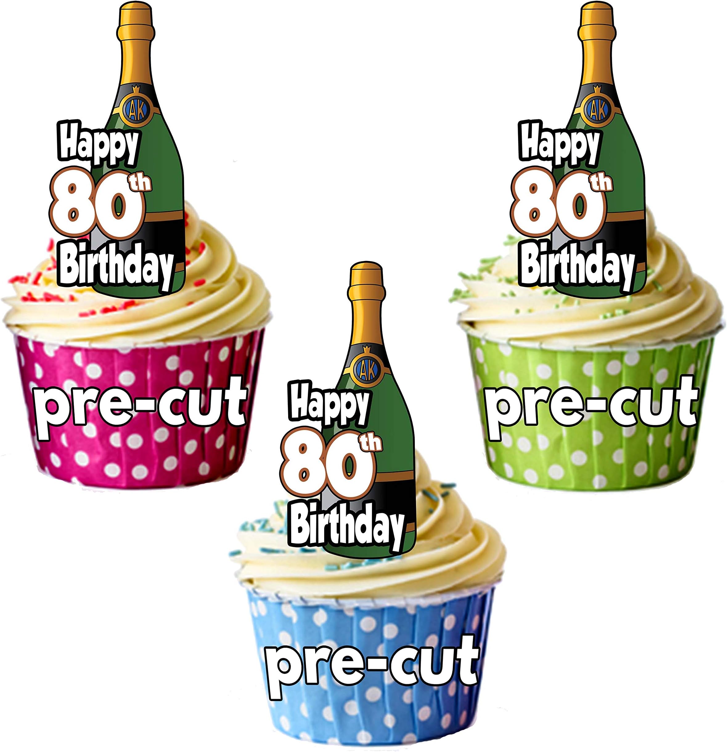 Happy 80th Birthday Champagne Bottles - Precut Edible Cupcake Toppers/Cake Decorations - Mens - Ladies - Celebrations - Party (Pack of 12)