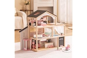 ROBUD Doll House, Wooden Dollhouse with 6 Rooms, 29-pcs Furniture Set, Working Elevator, Garage, Swimming Pool, Ideal Gift fo