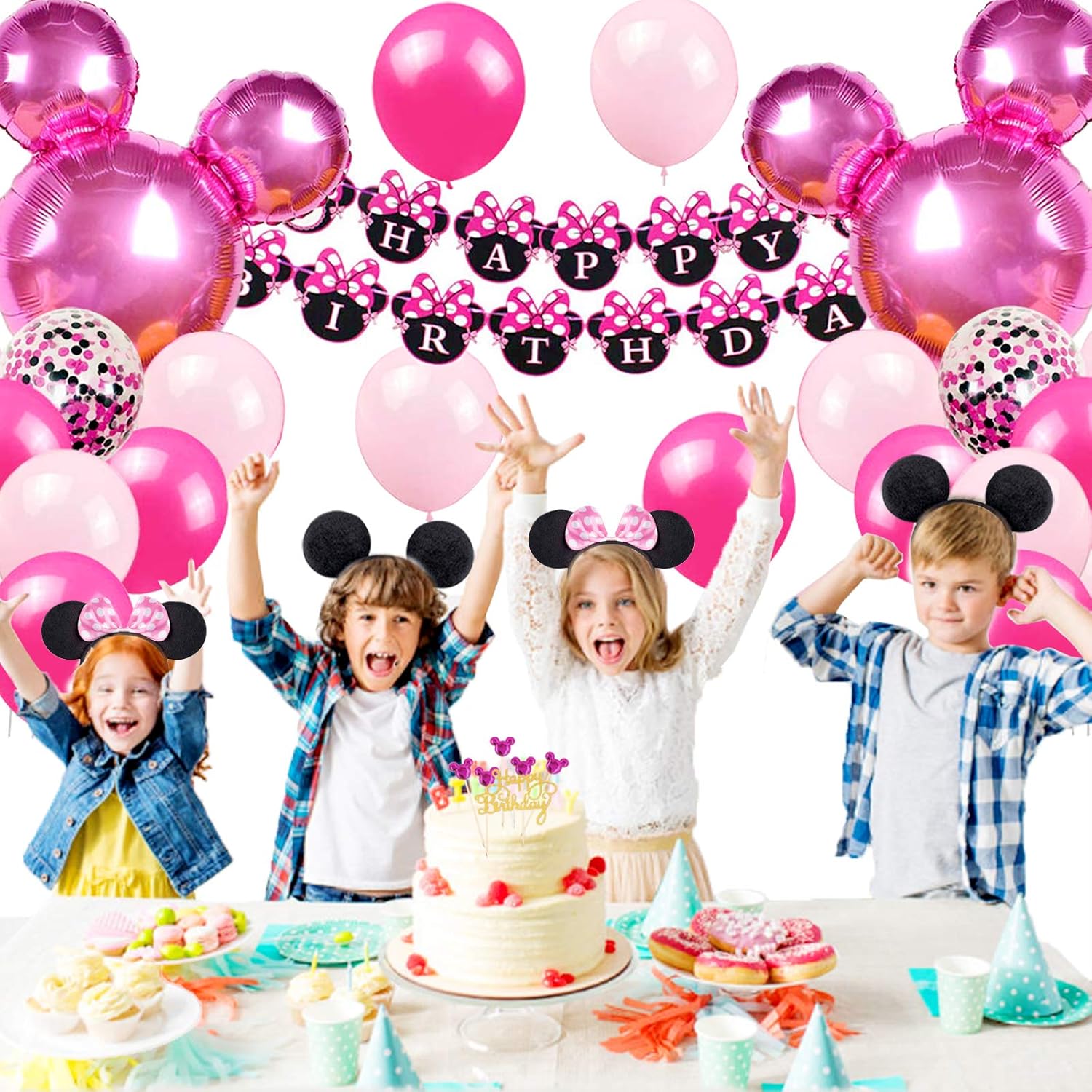 Danirora Minnie Mouse Birthday Party Supplies, Minnie Mouse Party Decorations for Girls 1st 2nd 3rd Birthday Decor Pink Balloon Banner and Mouse Ears Headband for Kids: Toys & Games