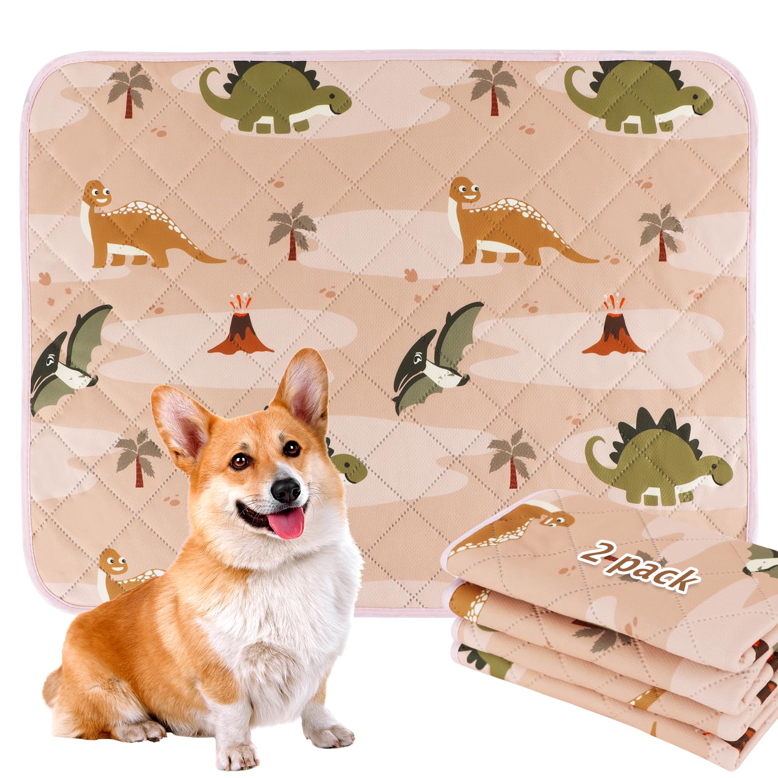 BVAGSS Washable Pee Pads for Dogs, 2 Pack Reusable Leakproof Puppy Wee Wee Pad, Non-Slip Waterproof Pet Training Pads, Super Absorbent Whelping Pads XH081 (Pink Dinosaur, 90x90cm)