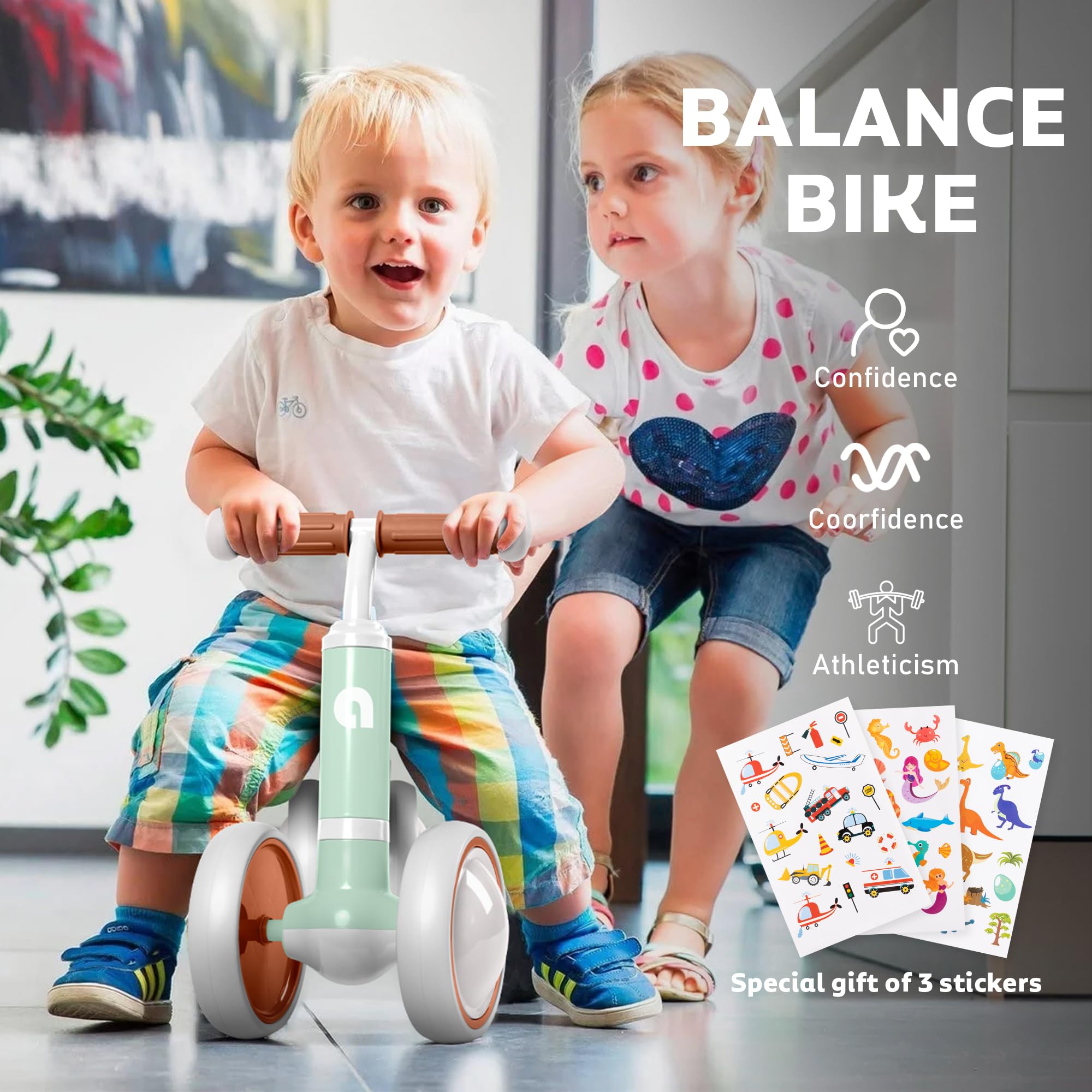 AmazingLife Balance Bike 1 Year Old, 10-24 Months Baby Balance Bike Toys, No Pedal Infant 4 Wheels Toddler Bike, Toddler Ride On Toys, Three Free Cartoon Stickers, First Birthday Gift for Boys Girls