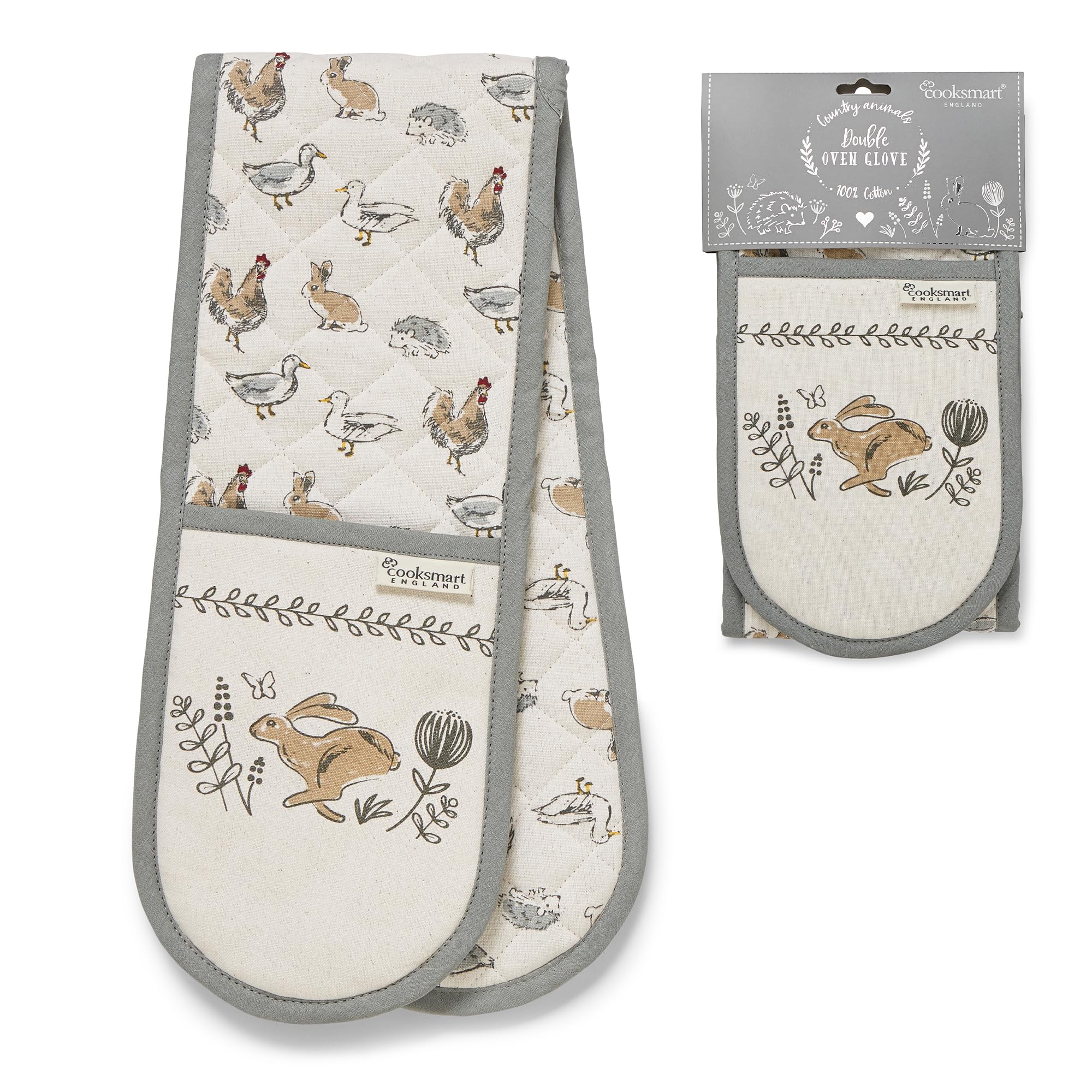 Cooksmart Double Oven Gloves Heat Resistant | British Designed Heat Resistant Oven Glove | Modern Oven Mitt & Potholder for Home Cooking | Maximum Heat Protection Kitchen Oven Gloves - Country Animals