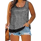 Imily Bela Womens Plus Size Sequin Tank Tops Summer Scoop Neck Sleeveless T-shirts Sexy Sparkle Shimmer Tunic Tops