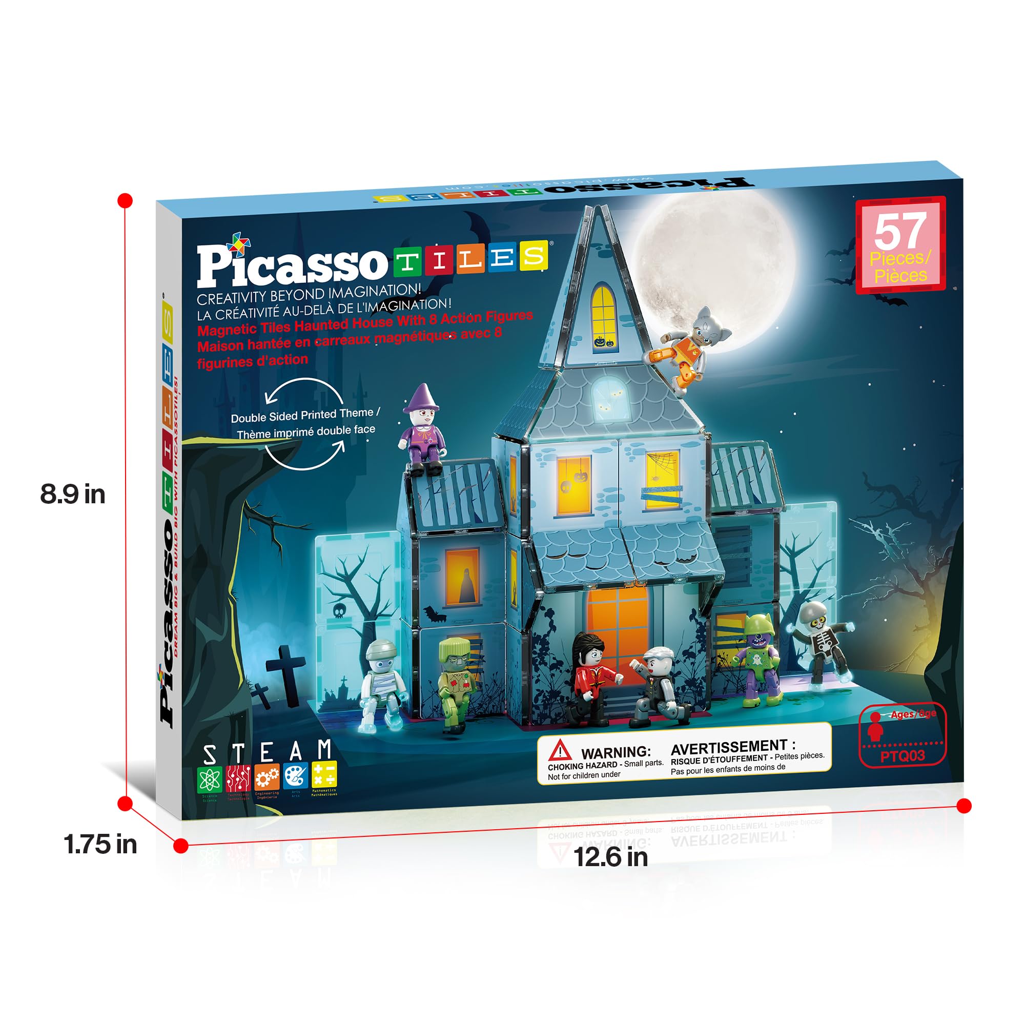 PicassoTiles Haunted House Theme Magnet Tile Building Blocks 8 Action Figures Magnetic Construction Toy Double Sided Printing Education STEM Learning Playset Halloween Adventure Kid Ages 3+ PTQ03