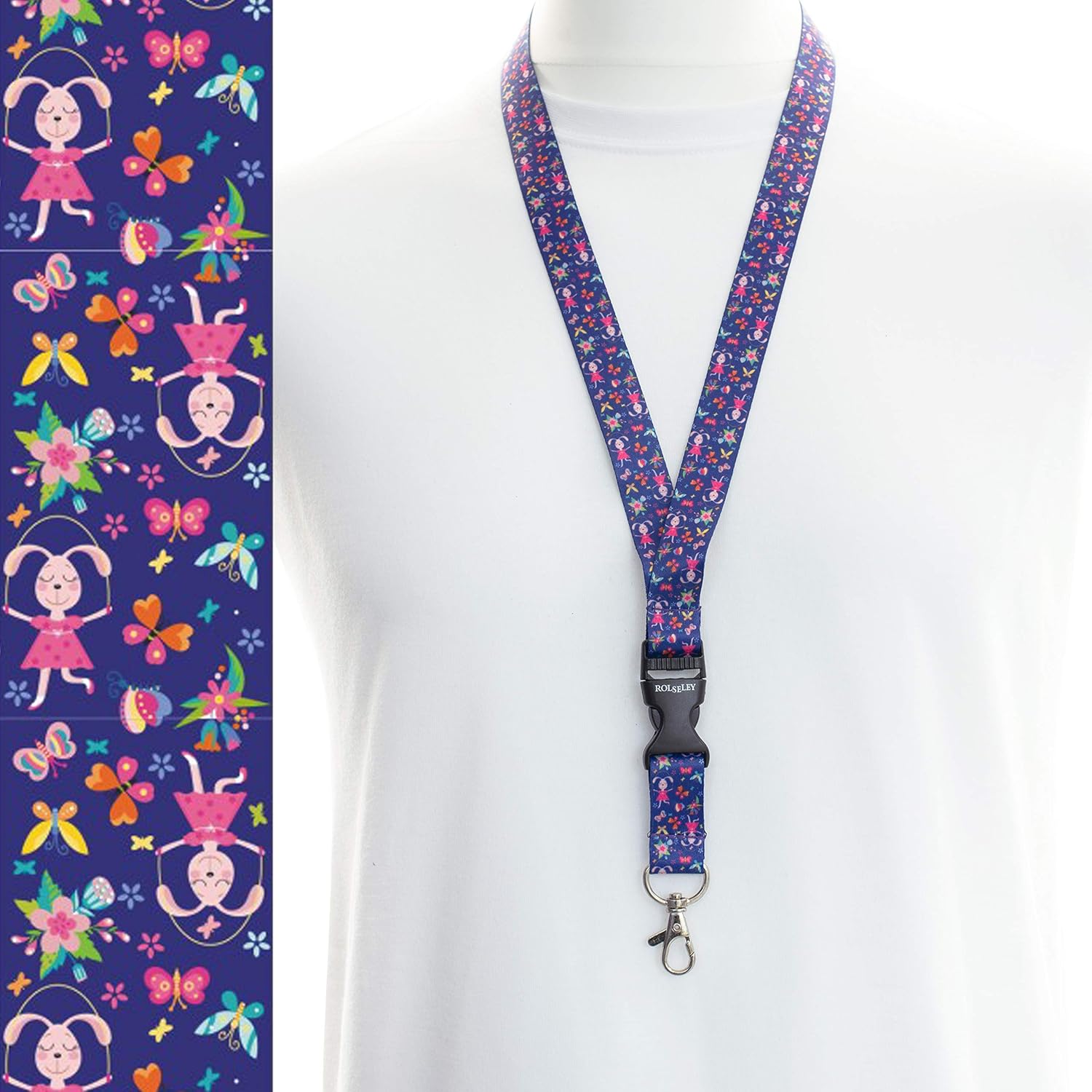 ROLSELEY Lanyard neck strap with BUNNY for id badge holder with metal clip, 1 Bunny Blue
