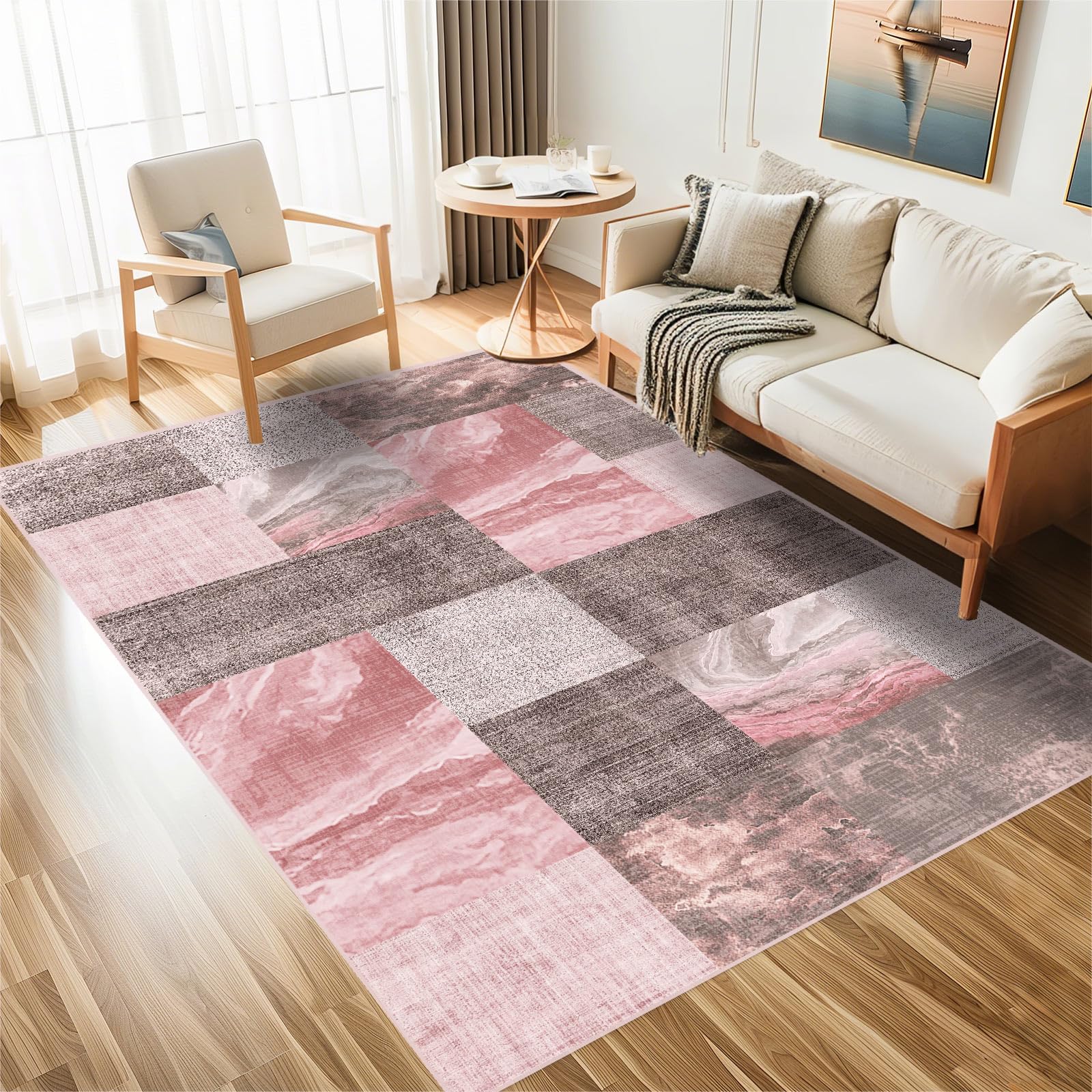 Photo 1 of 5×7 Washable Modern Area Rugs,Checkered Abstract Neutral Non-Slip High Traffic Large Carpet for Office,Living Room,Bedroom,Dining Room and Farmhouse,Girls Room,Sakura Pink