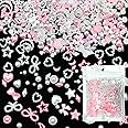600 Pcs Pink Color White Pearls Nail Charms Multi-Shapes Heart Star Bows Round 3D Acrylic Assorted Nail Pearls Charms for Manicure DIY Crafts Jewel Accessories