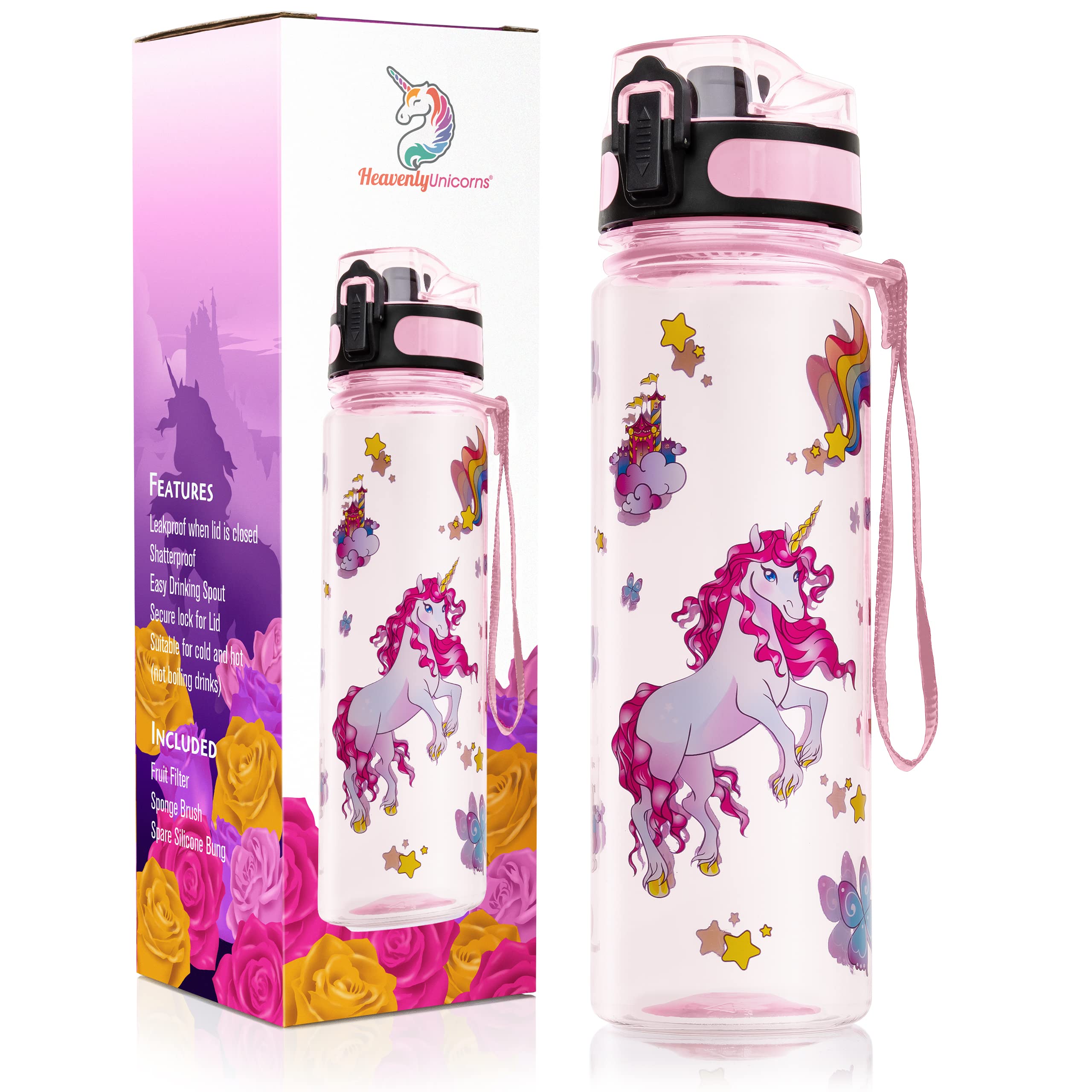 HeavenlyUnicorns Kids Unicorn Water Bottle, 500ml BPA Free Pink Water Bottle for School, Work, Travel and Camping. Leakproof and shatterproof Tritan plastic