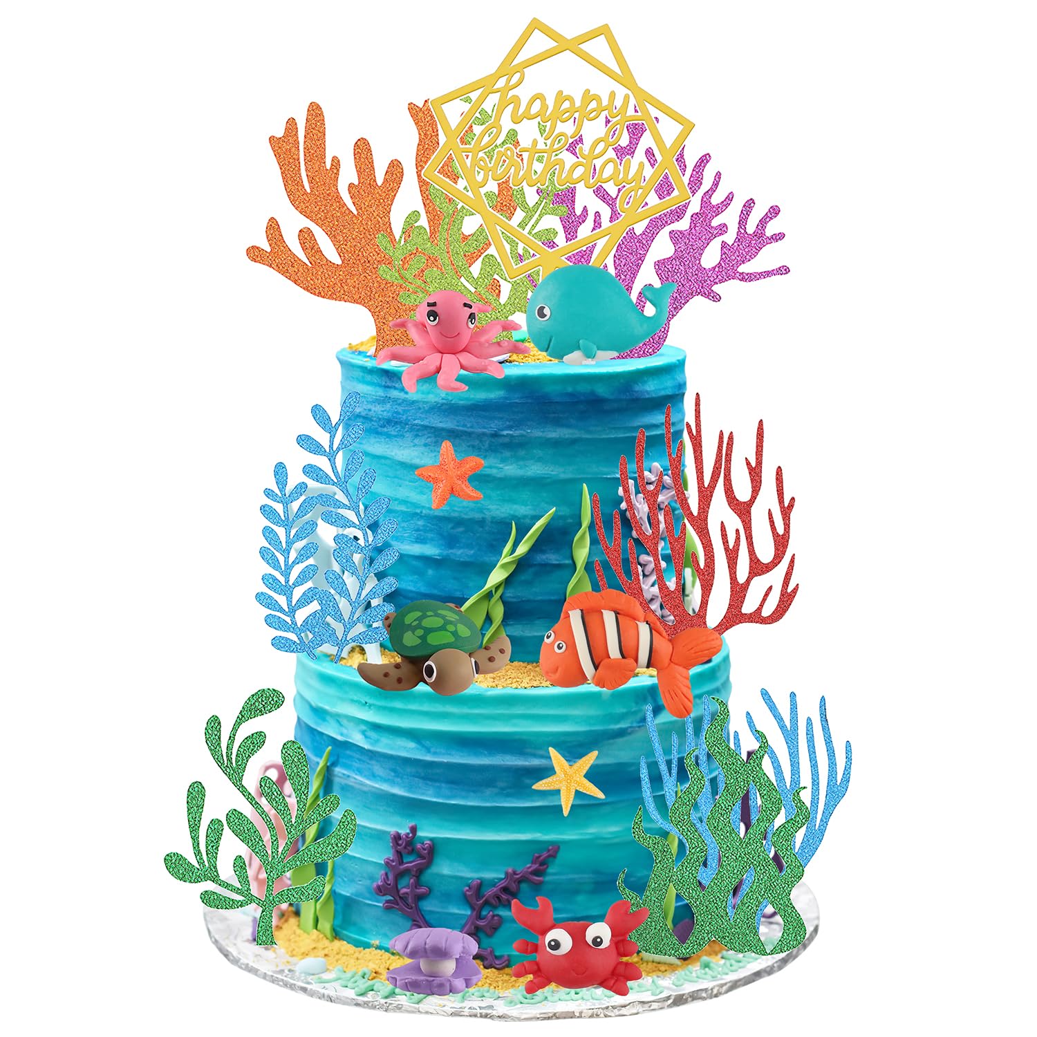 Photo 1 of Under the Sea Cake Toppers Sea Ocean Cake Decorations with Turtle Octopus Whale Crab Starfish Fish for Ocean Theme Birthday Party Baby Shower (Ocean)