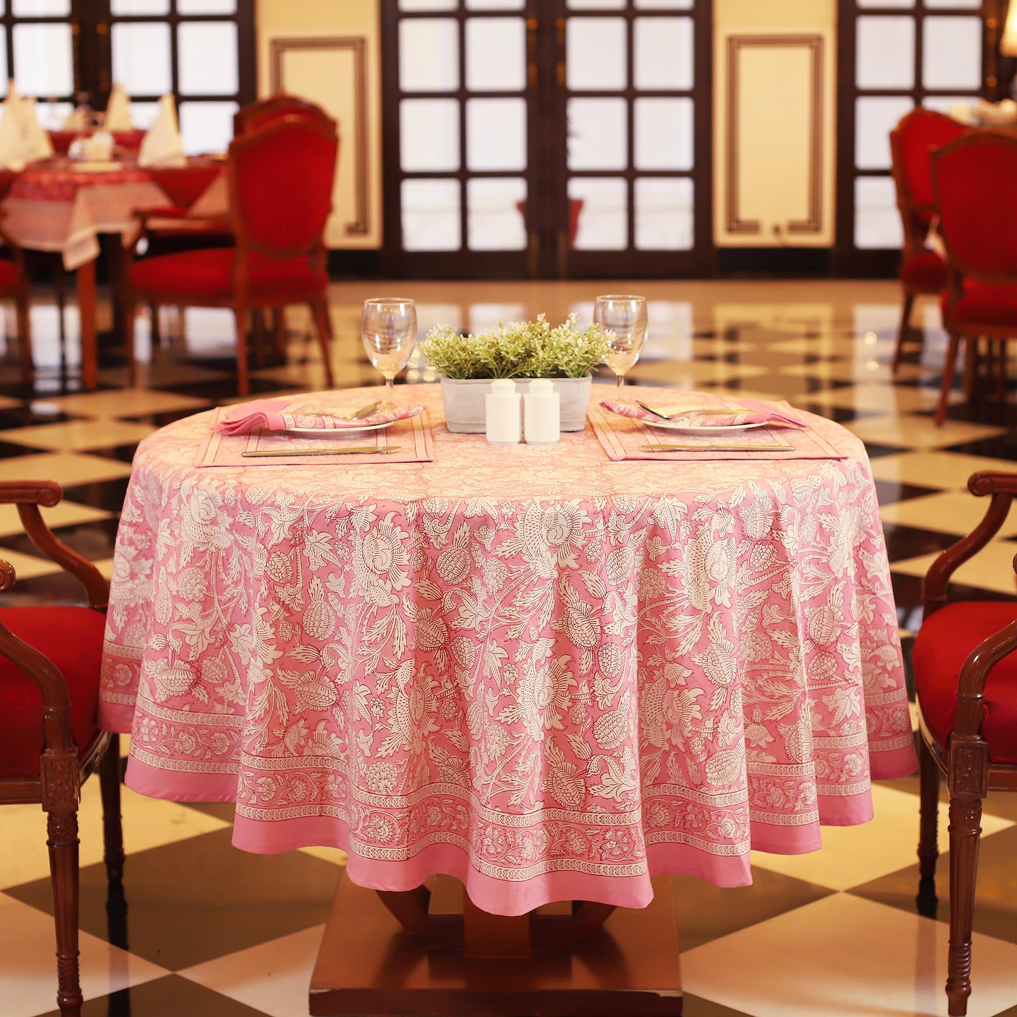 Photo 1 of Labhanshi Pink Block Print Round Table Cloth|Indian Round Floral Cotton Table Cover 72 Inch 6-Seater Spring Easter Kitchen Dining Tablecloth|Patio Table Cover for Event Wedding Banquet Parties