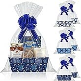 Marspark 18 Pcs 6 Set Hanukkah Bags for Gifts 8x10'' Chanukah Gift Menorahs Star Basket Boxes Empty to Fill with Gifts Blue Pull Bows Cellophane Wrapping Supplies for Hanukkah Party Favor Decorating