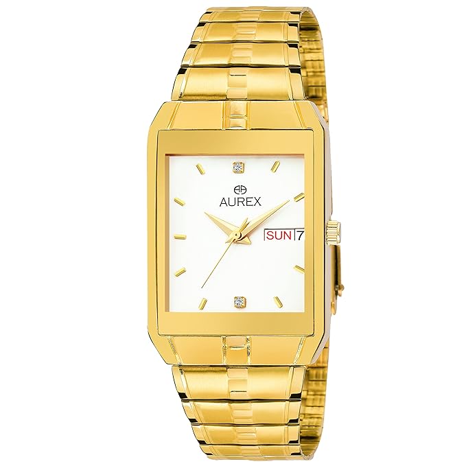 Aurex Analouge White Day & Date Dial 18 K Gold Plated Watch Water Resistant Golden Color Strap Wrist Watches for Mens/Boys (AX-GSQ9151-WTG)