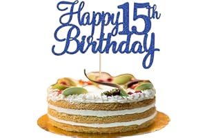 Gyufise 1Pc Happy 15th Birthday Cake Topper Blue Glitter 15th Birthday Cake Pick Cheers to 15 Years Old Fifteen Fabulous Cake Decorations for 15th Birthday Theme Party Supplies