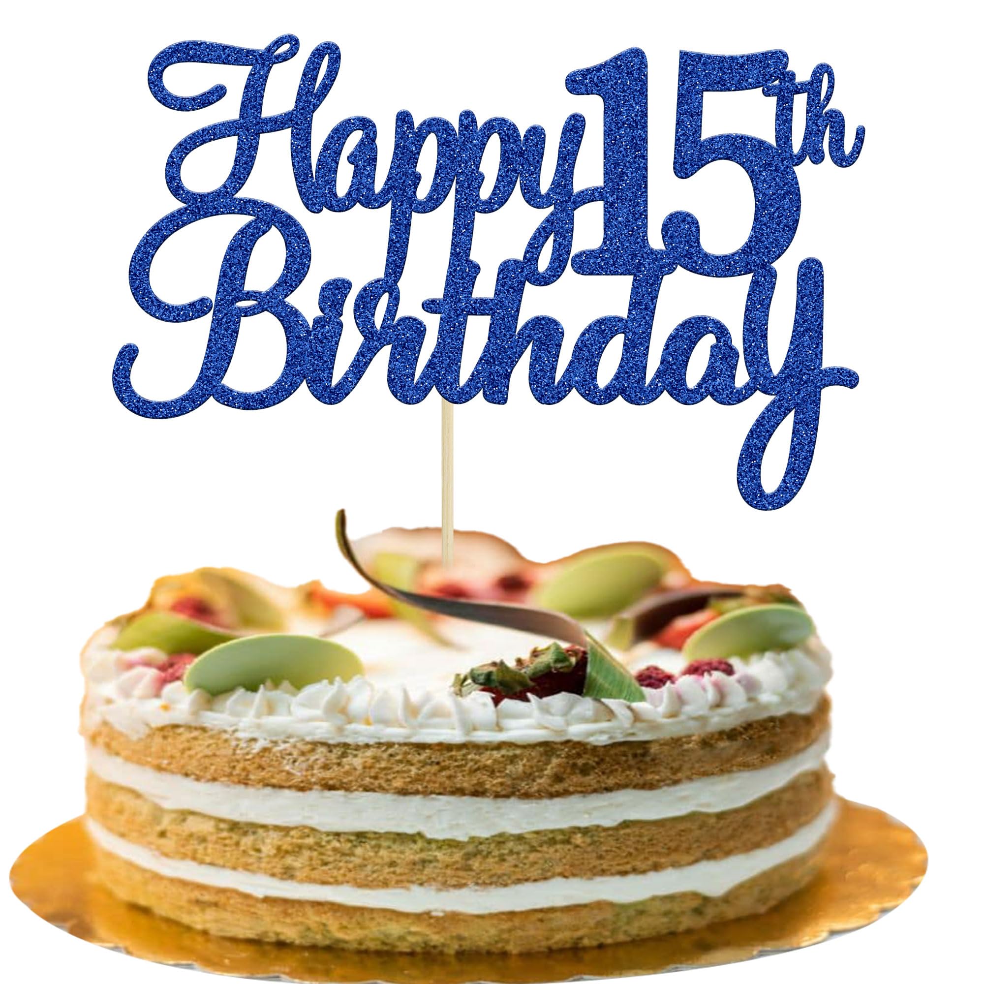 Photo 1 of Gyufise 1Pc Happy 15th Birthday Cake Topper Blue Glitter 15th Birthday Cake Pick Cheers to 15 Years Old Fifteen Fabulous Cake Decorations for 15th Birthday Theme Party Supplies