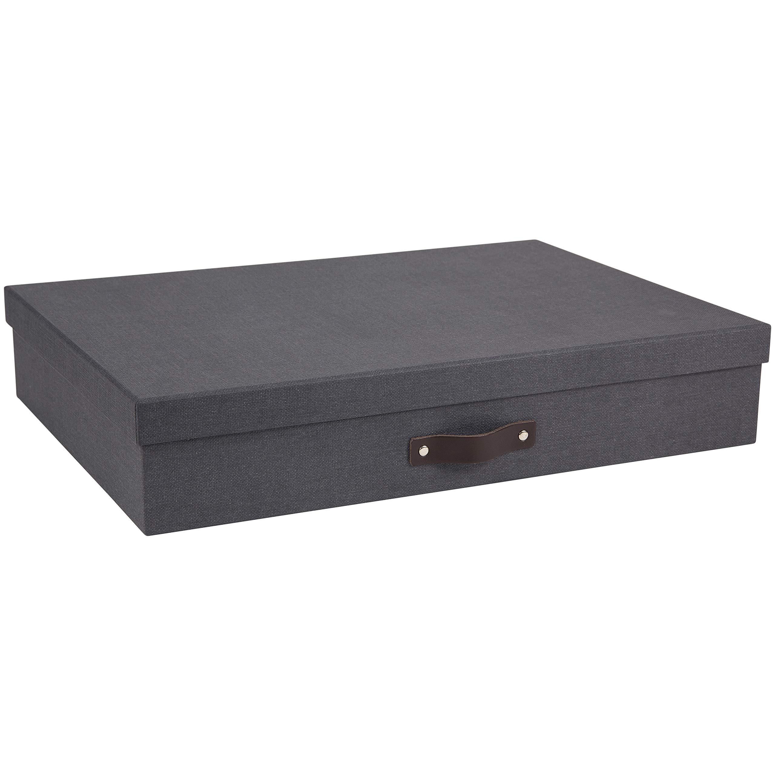 Bigso Box of Sweden Document Box with Lid for Papers in A3 format - Document Organiser Tray with Lid and Leather Handle - Storage Container Made of Fibreboard and Paper - Black