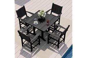 Pamapic 5 PCS Outdoor Dining Set, Spacious HDPE Outdoor Table and Chairs, Wood Grain Patio Furniture Sets with Elegant Armrest, All-Weather Patio Dining Table with Umbrella Hole, Black
