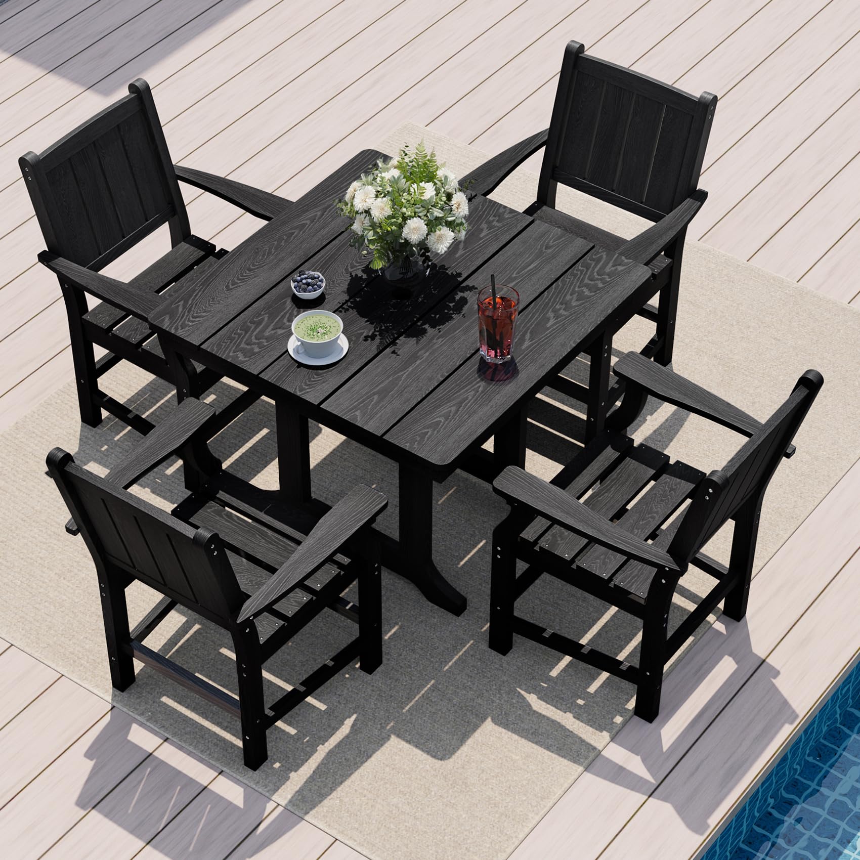Photo 1 of **MISSING CHAIRS**Pamapic 5 PCS Outdoor Dining Set, Spacious HDPE Outdoor Table and Chairs, Wood Grain Patio Furniture Sets with Elegant Armrest, All-Weather Patio Dining Table with Umbrella Hole, Black
