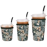 Cavllson 3 Pack Reusable Insulated Neoprene Iced Coffee Sleeves & Coffee Cup Holder, Universal Fit 16-32oz Cups for Hot/Cold Beverages - Flower-3 Pack