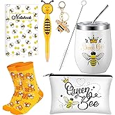 Panitay 6 Pcs Bee Theme Gifts Set for Women, 12 Ounce Stainless Steel Tumbler with Straw and Brush Socks Cosmetic Bag Notebook Pen Keychain for Women Bee Lover Valentines Birthday Party Gifts