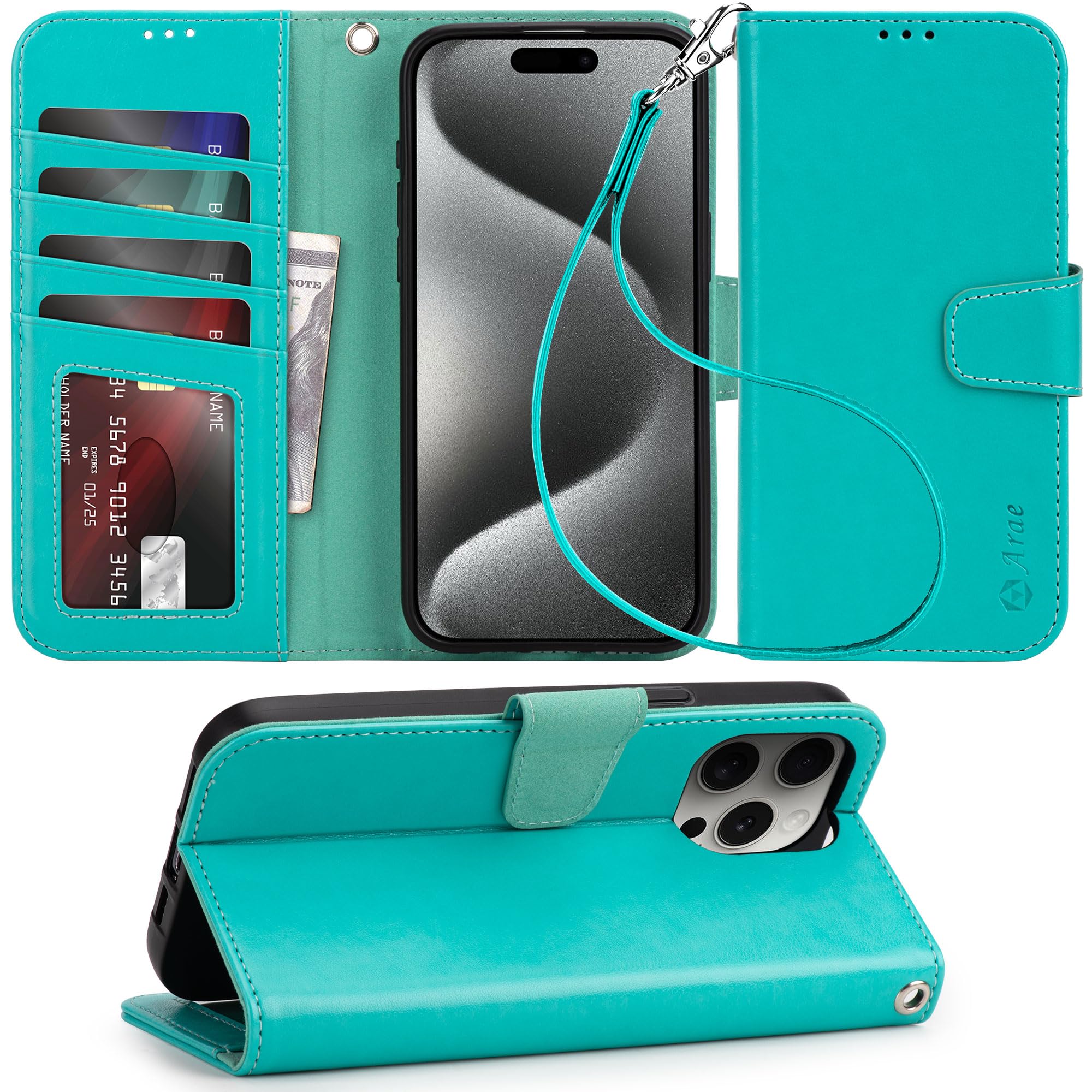Photo 1 of ***FACTORY SEALED*** Arae Compatible with iPhone 15 Pro Max Case with Card Holder and Wrist Strap Wallet Flip Cover for iPhone 15 Pro Max 6.7 inch,Green