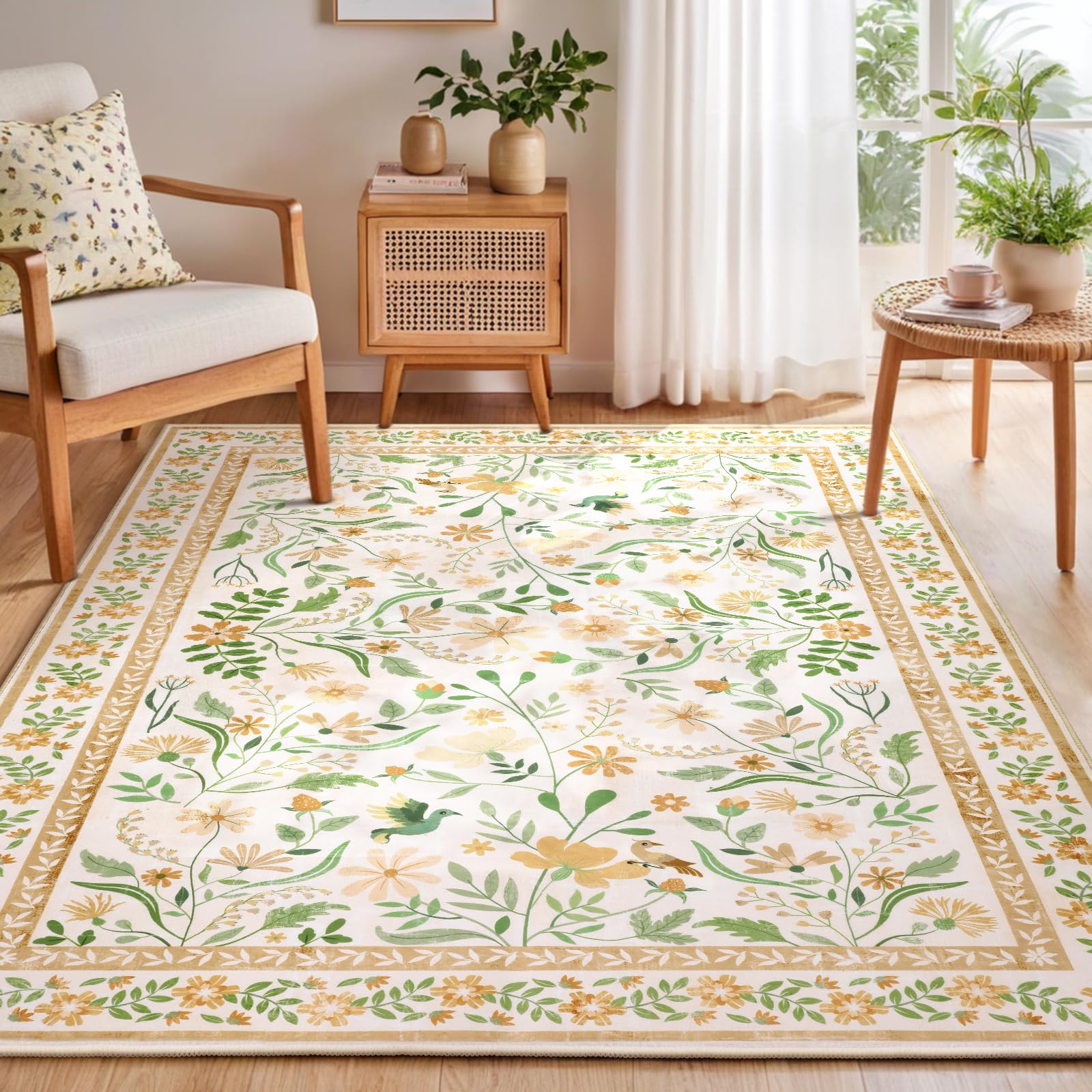 Photo 1 of SHACOS 5x7 Boho Rugs for Living Room, Machine Washable Area Rugs for Bedroom Non Slip Floral Soft Nursery Carpet for Playroom Entryway Dining Room, Beige