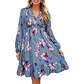 Simplee Womens 2025 Long Sleeve Babydoll Mini Dress Smocked Floral Fall Flowy Casual Short Dresses with Pockets