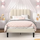 VECELO Twin Size Bed Frame with Upholstered Headboard, Velvet Platform Bedframe Mattress Foundation, Strong Wood Slat Support, No Box Spring Needed,Velvet Beige