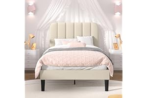 VECELO Twin Size Bed Frame with Upholstered Headboard, Velvet Platform Bedframe Mattress Foundation, Strong Wood Slat Support, No Box Spring Needed,Velvet Beige