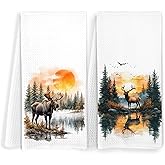 FITIE Rustic Lake Deer Moose Kitchen Towels, Forest Wildlife Nature Elk Dish Tea Towels for Cabin Lodge Camper Decor, Nature Lover Gifts Decorative Hand Towel for Bathroom Decor, 16x24 Inch Set of 2