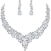 BriLove Women's Wedding Bridal Austrian Crystal Teardrop Cluster Statement Necklace Dangle Earrings Jewelry Set