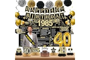 POPULARLDO 40th Birthday Decorations Men, Black Gold Back In 1985 Birthday Banner Decorations, Vintage 40th Birthday Table Decorations, Cake Topper, Balloons, Backdrop, Sash Party Supplies for Men