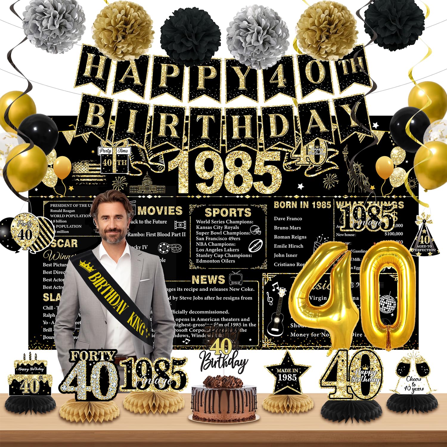 Photo 1 of 40th Birthday Decorations Men, Black Gold Back In 1985 Birthday Banner Decorations, Vintage 40th Birthday Table Decorations, Cake Topper, Balloons, Backdrop, Sash Party Supplies for Men