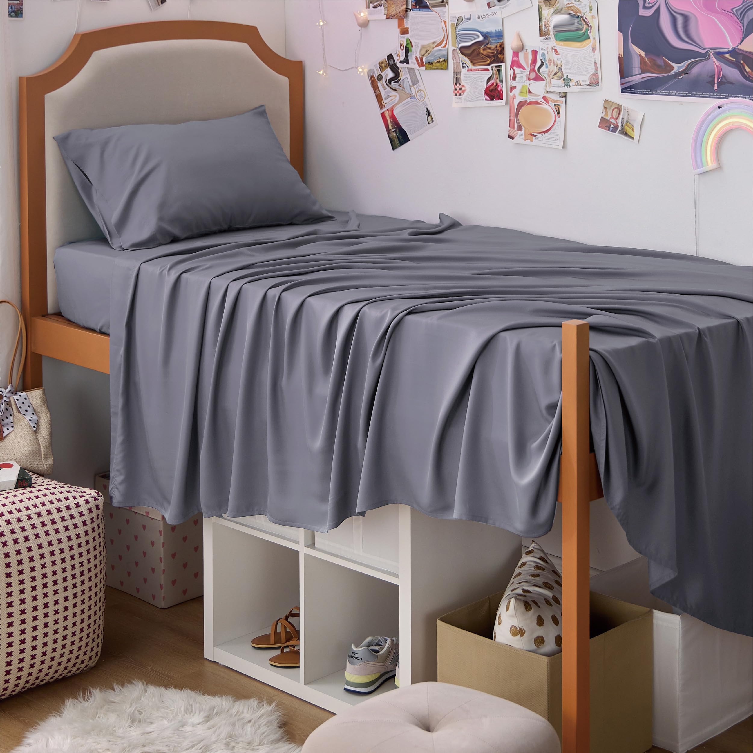 Photo 1 of Bedsure Twin XL Sheet Set Dorm Bedding, Cooling Sheets Twin Extra Long Sheets, Rayon Derived from Bamboo, Deep Pocket Up to 16", Hotel Luxury Silky Bedding Sheets & Pillowcases, Dark Grey