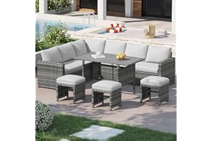U-MAX 7 Pieces Patio Furniture Set, Outdoor Sectional Sofa Conversation Set, All Weather Wicker Rattan Dining Table & Chair w